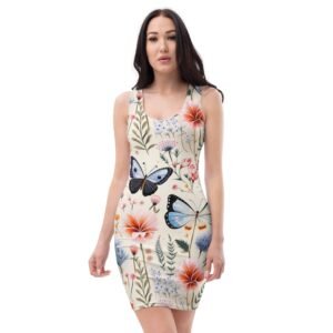 Dress with butterflies and flowers printed on it. Part of the Fluttering Beauty collection