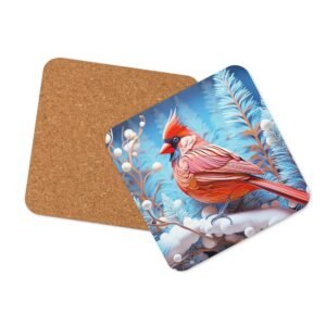 A coaster with a Winter Red Cardinal printed on it