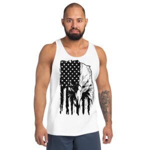 A man wearing a tank top with an Eagle and Flag on it