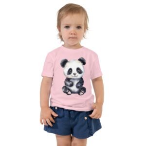 A toddler wearing a Panda Playtime shirt. A shirt with a panda printed on it.
