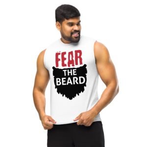 Man wearing a tank top that has fear the beard printed on it