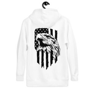 A white Eagle Hoodie. This hoodie has an eagle and flag printed on the back.