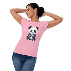 A woman wearing a cute printed panda shirt.