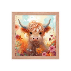 Vibrant Cartoon Bull Framed Poster - A playful and colorful bull illustration in a framed poster, perfect for adding a touch of whimsy to your decor. Available at MetroThreads.